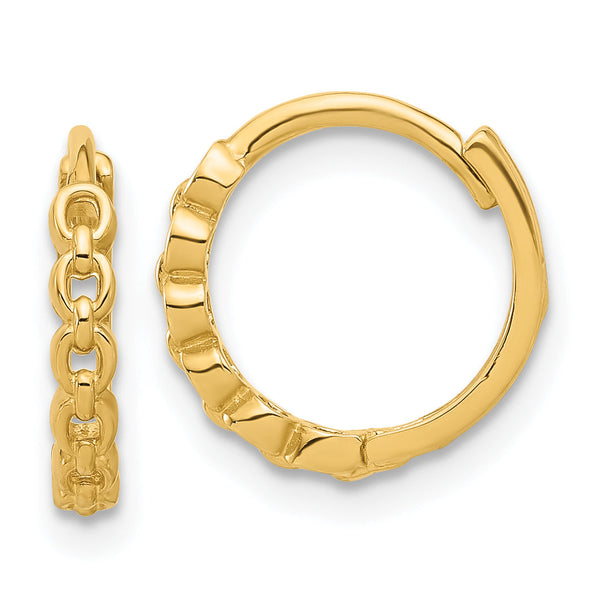 14K Polished Round Link Pattern Huggie Hoop Earrings