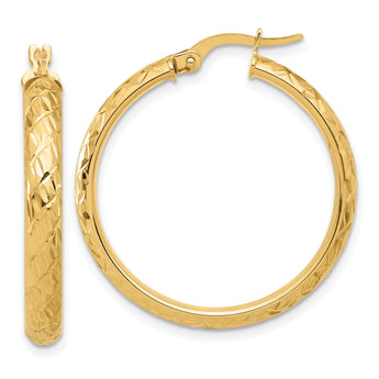 14K Polished and Diamond-cut Round Hoop Earrings
