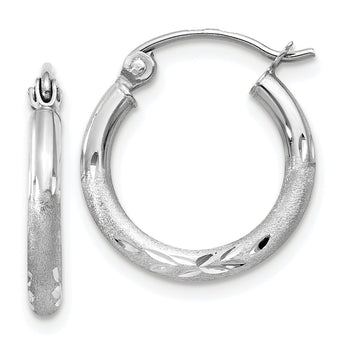 14k White Gold Satin and D/C 2mm Round Hoop Earrings