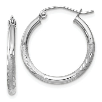 14k White Gold Satin and D/C 2mm Round Hoop Earrings