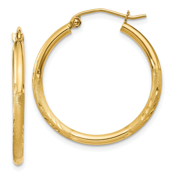 14k Satin and D/C 2mm Round Tube Hoop Earrings