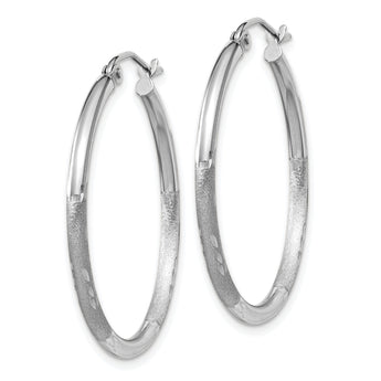 14k White Gold Satin and D/C 2mm Round Hoop Earrings