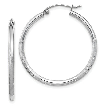 14k White Gold Satin and D/C 2mm Round Hoop Earrings