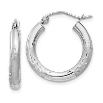 14k White Gold Satin and D/C 3mm Round Hoop Earrings