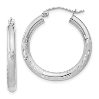 14k White Gold Satin and D/C 3mm Round Hoop Earrings