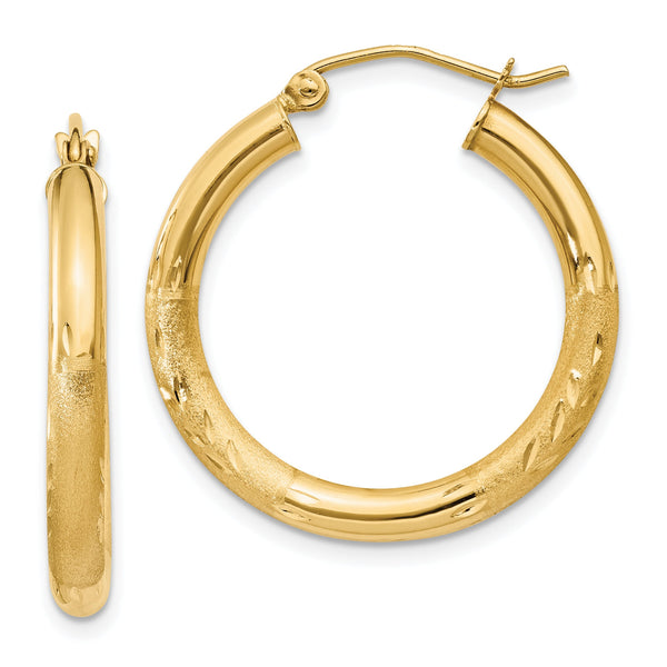 14k Satin and D/C 3mm Round Hoop Earrings