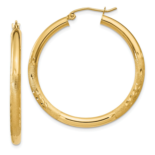 14k Satin and D/C 3mm Round Hoop Earrings