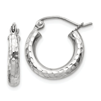 14k White Gold Diamond-cut 3mm Round Hoop Earrings