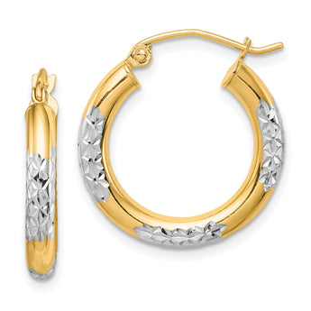 14k with Rhodium Diamond Cut 3mm Hoop Earrings
