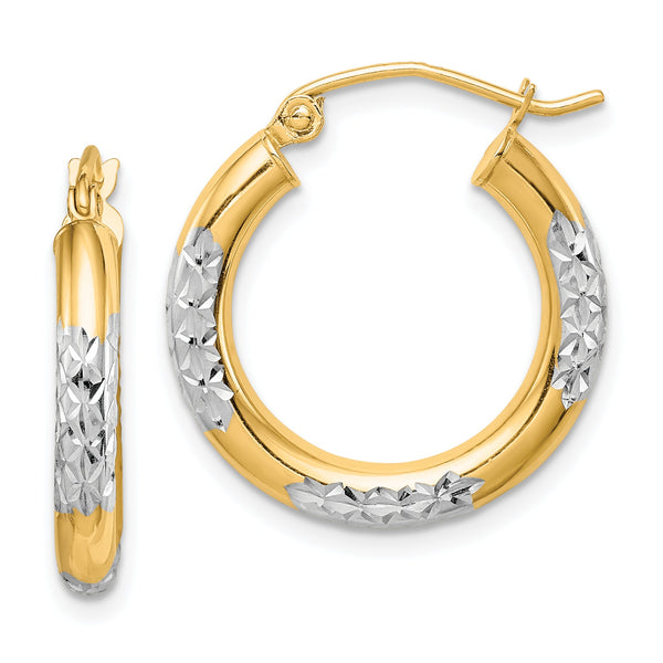 14k with Rhodium Diamond Cut 3mm Hoop Earrings
