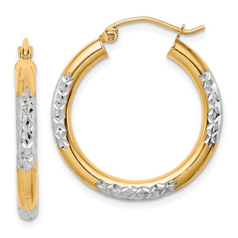 14k with Rhodium Diamond Cut 3mm Hoop Earrings