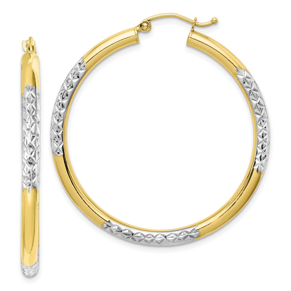 14k with Rhodium Diamond Cut 3mm Hoop Earrings
