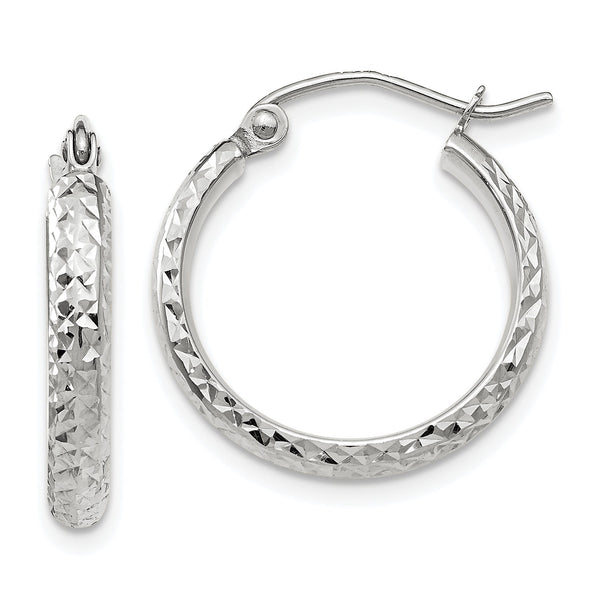 14k White Gold D/C 2.8x18mm Hollow Hoop Earrings