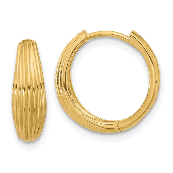 14K Polished and Grooved Hinged Hoop Earrings