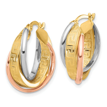 14K Tri-Color Polished with Textured Design Hoop Earrings