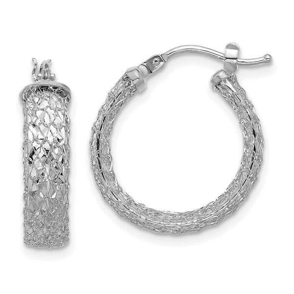 14K White Gold Polished/Textured/Diamond-cut Hoop Earrings