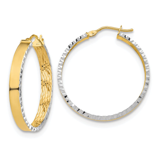 14K W/White Rhodium Polished and Diamond-cut Hoop Earrings