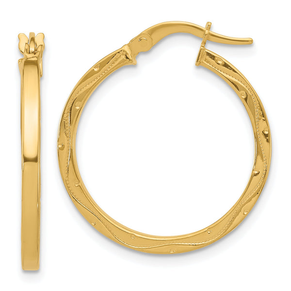 14K Polished with Pattern Hoop Earrings
