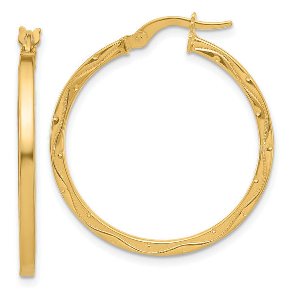14K Polished with Pattern Hoop Earrings