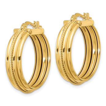 14K Polished and Textured Round Hoop Earrings
