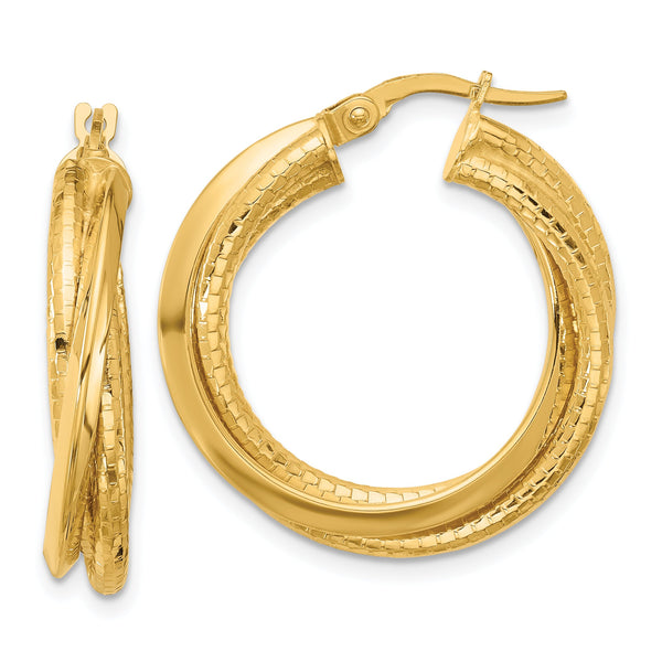 14k Polished and Textured Twisted Circle Hoop Earrings