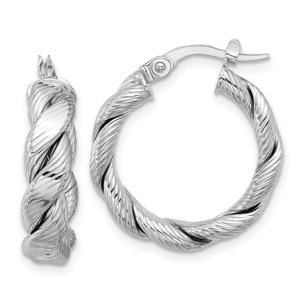 14k White Gold Polished and Textured Twist Hoop Earrings