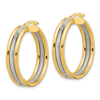 14k w/White Rhodium Polished and Textured Triple Hoop Earrings