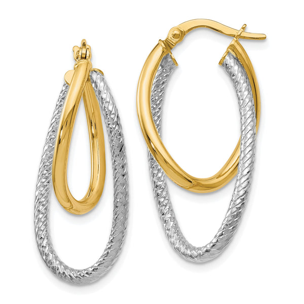 14K Two-tone Polished and Textured Hinged Hoop Earrings