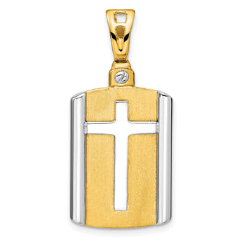 14K Two-tone Brushed Cross Dog Tag Pendant