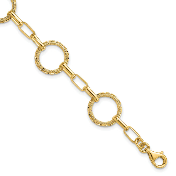 14K Polished/Dia-cut/Textured Circles Fancy Link Bracelet