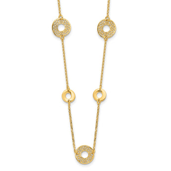 14K Polished and Filigree Circle Stations with 1in. ext. Necklace - Birthstone Company