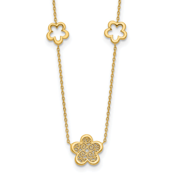 14K Polished and Filigree Flower Stations with 1in. ext. Necklace