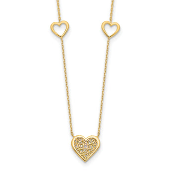 14K Polished and Filigree Heart Stations with 1in. ext. Necklace