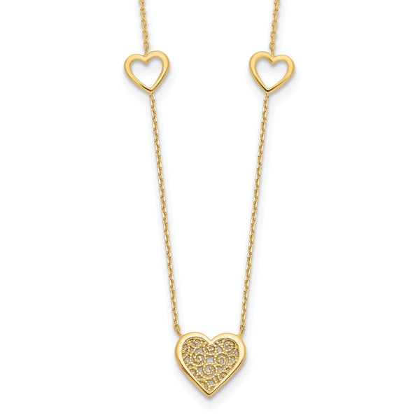 14K Polished and Filigree Heart Stations with 1in. ext. Necklace