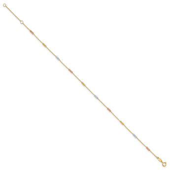 14K Tri-color Polished with D/C Beads 9in Plus 1in. ext. Anklet