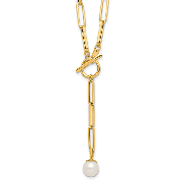 14K Polished Freshwater Cultured Pearl Fancy Link Toggle Necklace 18 in - Birthstone Company