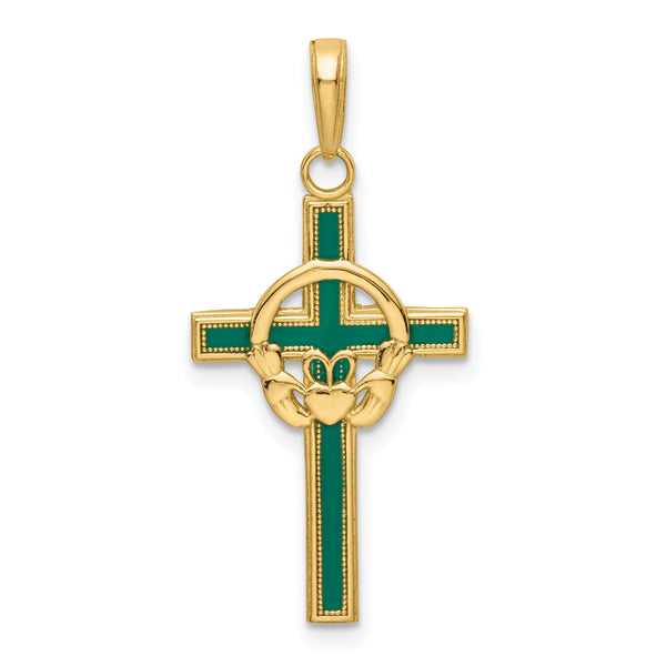 14k Green Enameled Claddagh Cross Pendant