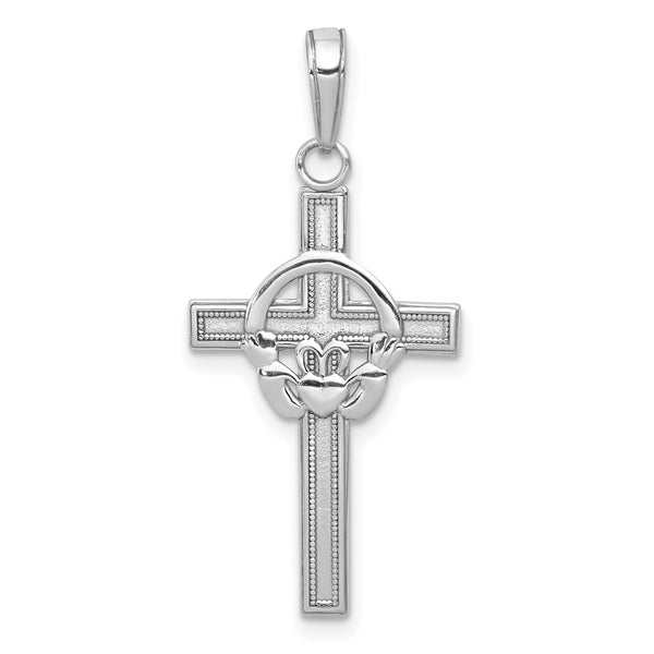 14k White Gold Polished Claddagh Cross Pendant
