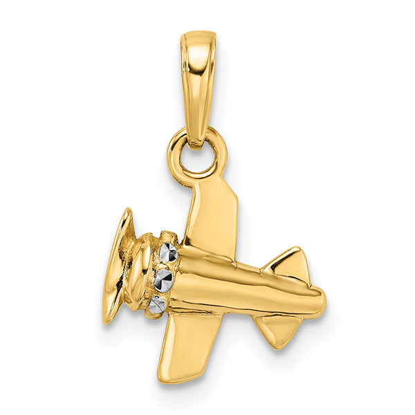 14k w/ White Rhodium 3D Diamond-cut Airplane Pendant