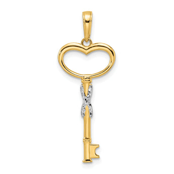 14k and White Rhodium Diamiond-cut Heart Key Pendant