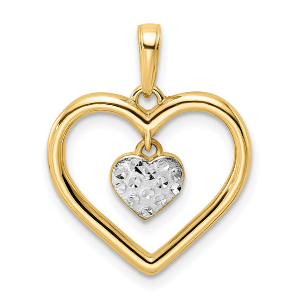 14k and White Rhodium Diamond-cut Heart w/Dangle Heart Pendant