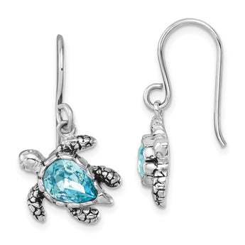Sterling Silver Rhodium-plated Antiqued Blue Crystal Turtle Dangle Earrings