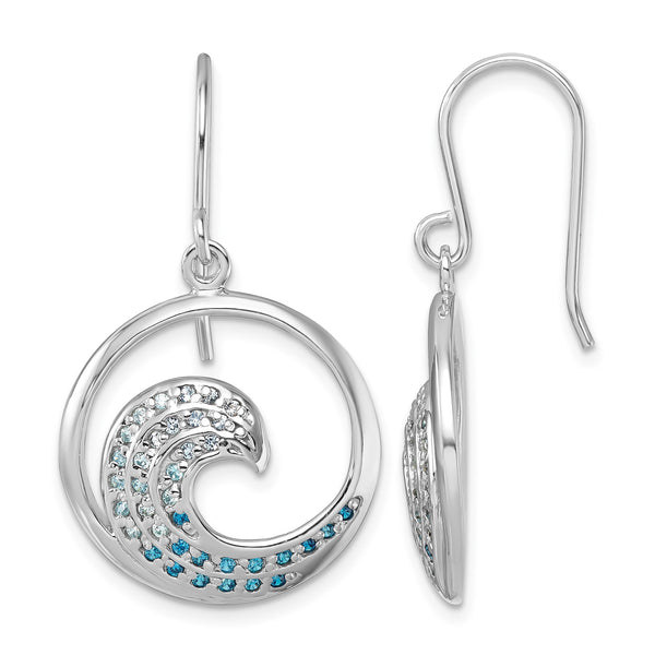 Sterling Silver Rhodium-Plated Polished CZ Wave Dangle Earrings - Birthstone Company