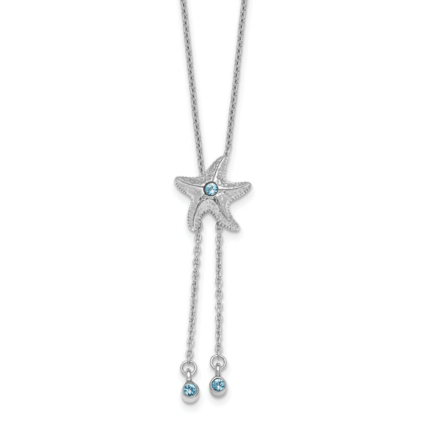 Sterling Silver Rhodium-Plated Polished and Textured Crystal Starfish Adjustable Necklace