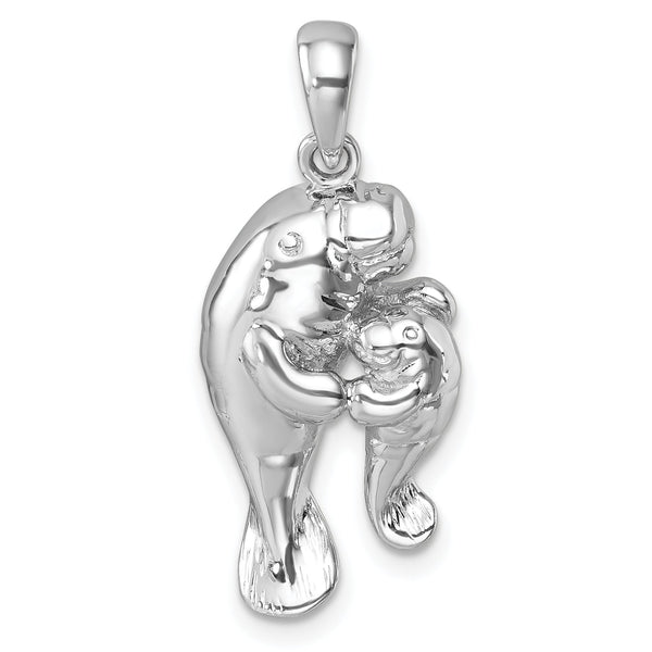 Sterling Silver Rhodium-plated Polished Manatee & Baby Pendant