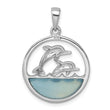 Sterling Silver Rhodium-plated Polished Round Blue Agate Double Dolphin Pendant