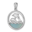 Sterling Silver Rhodium-plated Polished Round Blue Agate Double Dolphin Pendant