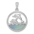 Sterling Silver Rhodium-plated Polished Round Blue Agate Double Dolphin Pendant