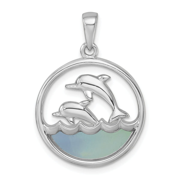 Sterling Silver Rhodium-plated Polished Round Blue Agate Double Dolphin Pendant