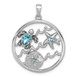 Sterling Silver Rhodium-plated Antiqued Round Crystal Sealife Pendant